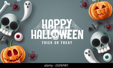 Happy halloween Text Vektor-Design. Halloween Trick or Treat im grauen Raum Hintergrund mit gruseligen, gruseligen, gruseligen und niedlichen Maskottchen-Figuren. Vektor Stock Vektor