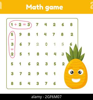 Mathe-Spiel. Addition, Subtraktion. Arbeitsblatt für Kinder im Vorschulalter und im Schulalter. Vektorgrafik. Stock Vektor