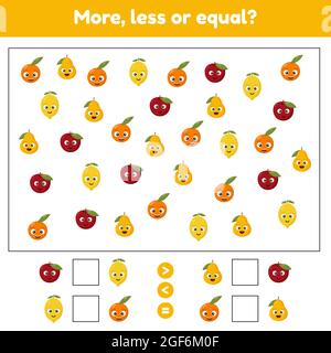 Mehr, weniger oder gleich. Pädagogische Mathe Spiel für Kinder Vorschule und Schulalter. Früchte. Zitrone, Apfel, Birne, Orange. Vektorgrafik. Stock Vektor
