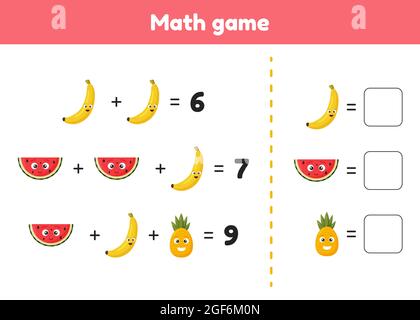 Vektorgrafik. Mathe-Spiel für Kinder im Vorschulalter und Schulalter. Zählen und geben Sie die richtigen Zahlen ein. Hinzufügung. Früchte. Stock Vektor