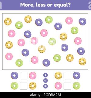 Mehr, weniger oder gleich. Pädagogische Mathe Spiel für Kinder Vorschule und Schulalter. Donuts. Vektorgrafik. Stock Vektor