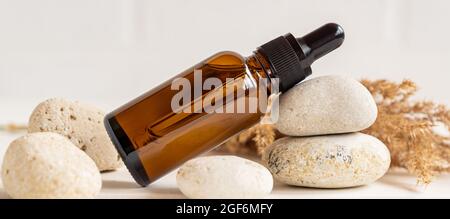 Seitenansicht Komposition mit dunkler Glas Tropfflasche mit ätherischem Öl und Steinen und trockenem Schilf. Home Spa und Hautpflege Konzept. Stockfoto
