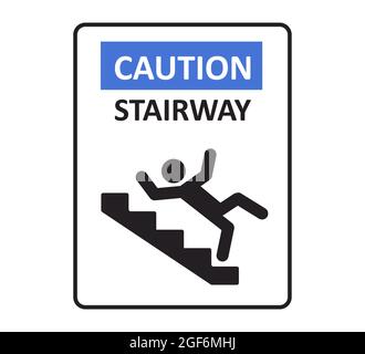 Achtung Treppenschild. Ein Mann, der die Treppe hinunterfällt. Ein Warnzeichen vor Gefahr. Rutschige Treppen. Vektordarstellung auf weißem Hintergrund isoliert Stock Vektor