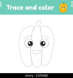 Malbuch mit niedlichem Gemüsepfeffer. Für Kinder Kindergarten, Vorschule und Schulalter. Trace-Arbeitsblatt. Entwicklung von Feinmotorik und Handw Stock Vektor