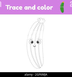 Malbuch mit niedlichen Gemüsegurken. Für Kinder Kindergarten, Vorschule und Schulalter. Trace-Arbeitsblatt. Entwicklung von Feinmotorik und han Stock Vektor