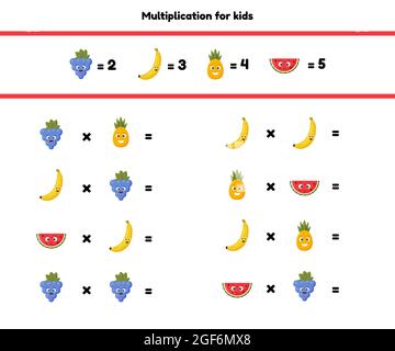 Vektorgrafik. Mathe-Spiel für Kinder im Vorschulalter und Schulalter. Zählen und geben Sie die richtigen Zahlen ein. Multiplikation. Früchte. Stock Vektor