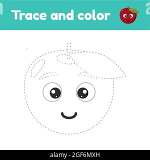 Malbuch mit niedlichen Fruchtapfel. Für Kinder Kindergarten, Vorschule und Schulalter. Trace-Arbeitsblatt. Entwicklung von Feinmotorik und Handschriftlichkeit Stock Vektor