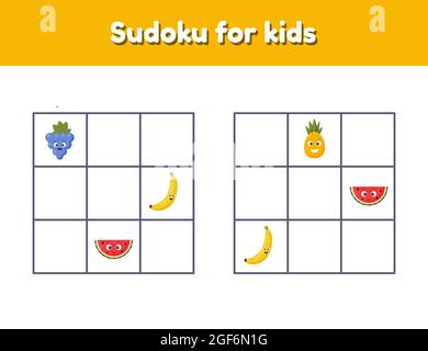 Vektorgrafik. Sudoku für Kinder mit Bildern. Logikrebus für Vorschulkinder und Schulkinder. Lernspiel. Früchte. Stock Vektor