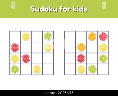 Vektorgrafik. Sudoku für Kinder mit Bildern. Logikrebus für Vorschulkinder und Schulkinder. Lernspiel. Zitrus. Stock Vektor