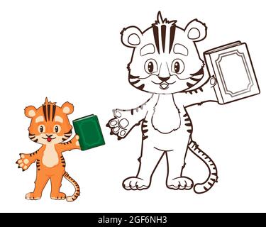 Malbuch: tiger Cub hält ein Buch in der Hand. Vektor-Illustration im Cartoon-Stil, schwarz-weiß lineart Stock Vektor