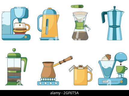 Set von verschiedenen Brühmethoden von Kaffeekannen Tassen und Wasserkocher elektrische Kaffeemaschine Stock Vektor