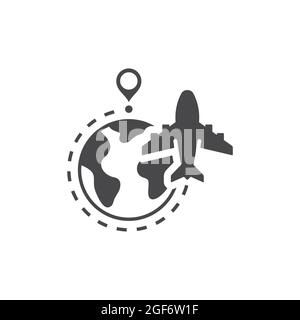 Flugzeug, Globus und gestrichelte Linie Flugroute. Kommerzielles fliegendes Vektor-Symbol mit Planet Erde und Positionsstift. Stock Vektor