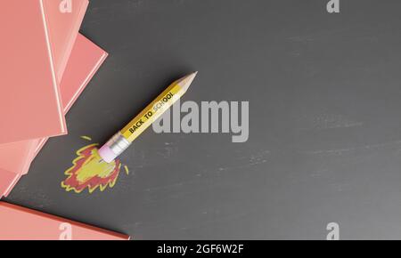 Bleistiftsrakete auf einer Tafel mit gezogenem Feuer und Büchern. Konzept der Bildung, des Lernens und der Rückkehr zur Schule. 3d-Rendering Stockfoto