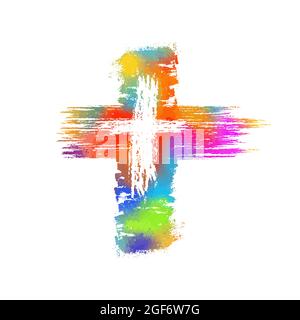 Mehrfarbiger Kreuzverfärbungen. Kreuz aus Regenbogenblots. Frohe Ostern. Vektorgrafik Stock Vektor