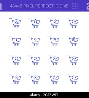 Shopping Cart-Symbole mit Aktionen. Löschen, Hinzufügen, Favoriten und Rabatt-Symbole. Online-Lebensmitteleinkäufe. Pixelgenaue, bearbeitbare Kontur Stock Vektor