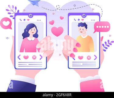 Dating-App für ein Paar mit Mann und Frau auf dem Smartphone Wenn Match wird Liebe oder Beziehungen. Hintergrund Flat Design Vektor Illustration Stock Vektor