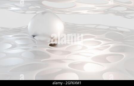 Weißes Metallglanz-Mesh mit großer Kugel. Abstrakter 3D-Illustrationshintergrund Stockfoto