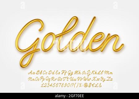 Gold 3d realistische Groß- und Kleinbuchstaben, Zahlen, Symbole und Währungssymbole isoliert auf einem hellen Hintergrund. Vektorgrafik. Stock Vektor