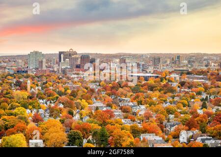 Lassen Sie sich vom East Rock Park aus in der Innenstadt von New Haven fallen Stockfoto