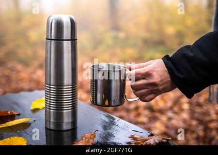 Frau mit Metallbecher. Thermoskannen mit Heißgetränk auf dem Tisch. Erfrischung während der Wanderung im Herbstwald Stockfoto