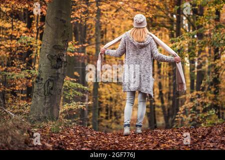 Frau in Wollpullover mit Kapuze, Strickmütze und langem Schal im Herbstwald. Genießen Sie Spaziergänge im Freien in der Herbstsaison. Mode und Lifestyle Stockfoto