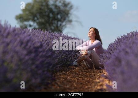 Entspannte Frau, die auf einem Lavendelfeld mit geschlossenen Augen sitzt Stockfoto