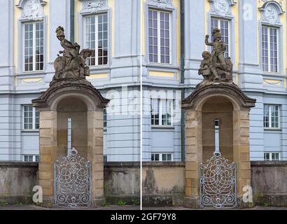 Ehemaliges Wachhaus mit Skulpturen vor der Markgravialresidenz, Ansbach, Mittelfranken, Bayern, Deutschland Stockfoto