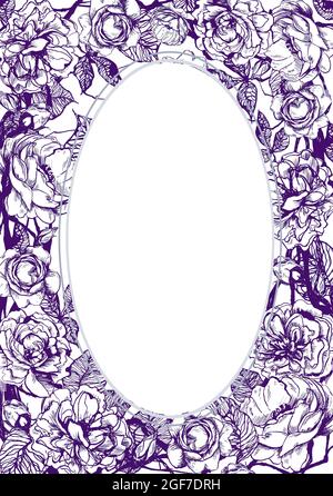 Handgezeichneter vertikaler, ovaler Rahmen mit Blumenmuster und grafischen Rosenblüten Stockfoto