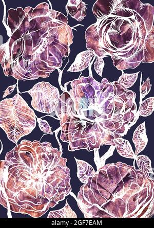 Handgezeichnete vertikale rechteckige Blumenschablone mit Aquarellrosen Stockfoto