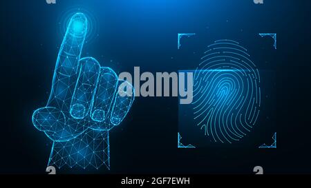 Konzept zur Fingerabdruckerkennung. Biometrische Daten mit niedrigem Poly-Design. Polygonale Vektordarstellung einer Hand, die mit einem Zeigefinger und einem Finger drückt Stock Vektor