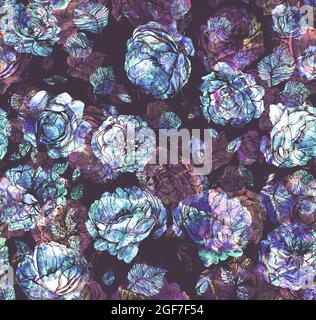 Abstrakt handgezeichnetes grafisches Blumenmuster mit Rosen und Blatt auf farbigem Hintergrund Stockfoto