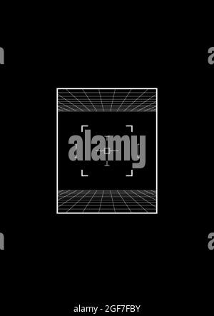 Retrofuturistisches T-Shirt- und Bekleidungsdesign mit perspektivischen Rastern und retrofuturistischem Weltraumziel. Illustration der Ästhetik der 1980er Jahre. Schwarz und Weiß Stock Vektor