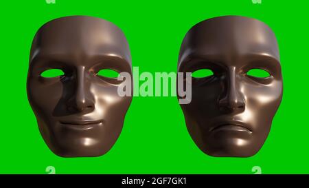 Fröhliche und traurige Maske im grünen Bildschirm. Gesichtsausdrücke. 3D-Rendering-Illustration. Stockfoto
