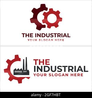 Industrie mit Getriebe und Fabrikgebäude Logo Design Stock Vektor