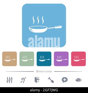 Glänzende, dampfende Bratpfanne, weiße flache Symbole auf abgerundeten quadratischen Hintergründen. 6 Bonus-Symbole enthalten Stock Vektor