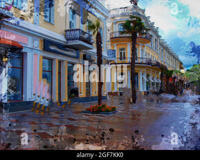 Eine leere Straße in einer mediterranen Stadt. Schöne Gebäudefassaden mit Geschäften und Schaufenstern. Hohe Palmen. Ein regnerischer Sommertag. Reisen, Tourismus. Stockfoto