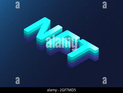 Isometrischer NFT 3d-Text. Nicht-fungibles Token-Konzept als Vektordarstellung auf dunkelblauem Hintergrund. Stock Vektor