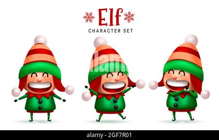 Elf weihnachten Zeichen Vektor-Set. Niedliche Elfen Charakter mit glücklich, fröhlich und fröhlich Ausdruck isoliert in weißem Hintergrund für Weihnachten Kinder. Stock Vektor
