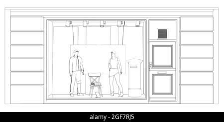 Umriss eines Schaufensters mit Schaufensterpuppen in Kleidung aus schwarzen Linien isoliert auf weißem Hintergrund. Vorderansicht. Vektorgrafik. Stock Vektor