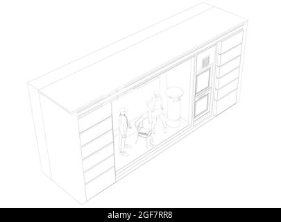 Umriss eines Schaufensters mit Schaufensterpuppen in Kleidung aus schwarzen Linien isoliert auf weißem Hintergrund. Isometrische Ansicht. Vektorgrafik. Stock Vektor