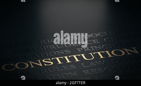 Wortkonstitution witten mit goldenen Buchstaben auf schwarzem Hintergrund. 3d-Illustration. Stockfoto