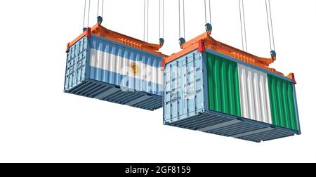 Frachtcontainer mit argentinischen und nigerianischen Nationalflaggen. 3D-Rendering Stockfoto