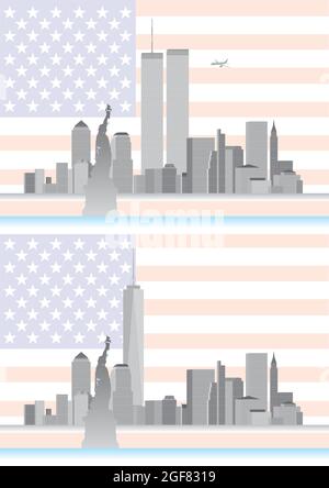 WTC, altes und neues World Trade Center, New York, Vereinigte Staaten von Amerika, Skyline vor und nach 9/11, Vektorgrafik Stock Vektor