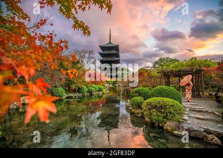 Toji-Tempel und Holz-Pagode im Herbst Kyoto, Japan Sonnenuntergang Stockfoto