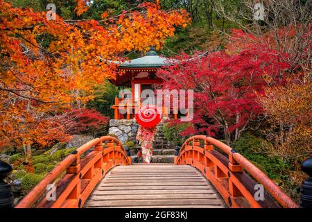 Junge Frauen tragen traditionelle japanische Yukata im Daigo-ji Tempel mit bunten roten Ahornbäumen im Herbst Stockfoto