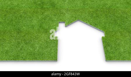 Haus Silhouette in grünem Gras auf weißem Hintergrund. Haus Konzept. 3d-Rendering Stockfoto