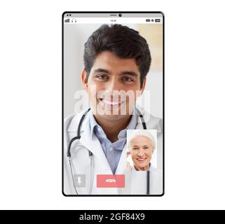Videochat von Arzt und altem Patienten auf dem Smartphone Stockfoto