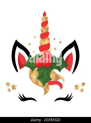 Einhorn Kopf mit Holly Stirnband Kranz, Einhorn Kopf mit Blumenkrone, golden glitzerndes Gesicht. Vektor-Illustration für Karten- und Hemddesign für Wint Stock Vektor