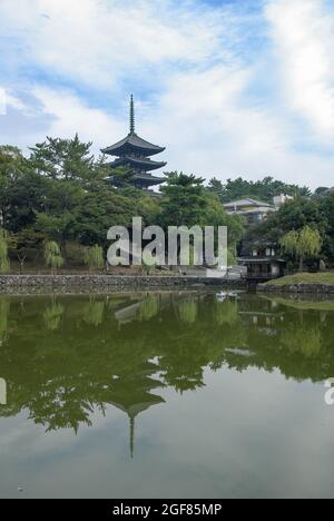 Spiegelung der Kofukuji-Pagode mit fünf Stockwerken im Sarusawa-Teich, Nara, Präfektur Nara, Japan Stockfoto