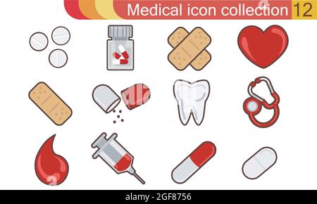 Medizinische Symbolgruppe. 12 Krankenhaus-Vektorzeichen. Medizindesign. Infografiken für Rettungswagen im Internet. Vektordesign in Illustrator. Stock Vektor
